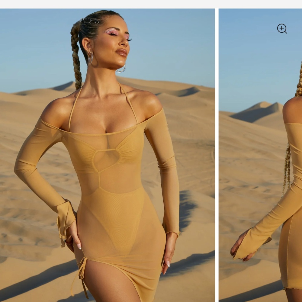 Mesh Overlay Mini Dress in Beige